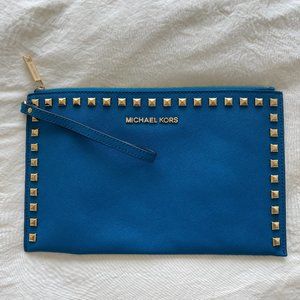 Michael Kors Studded Wristlet Clutch Blue Leather